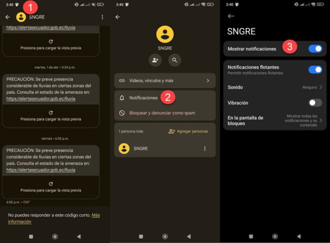 Desativar notificações de números específicos do SMS